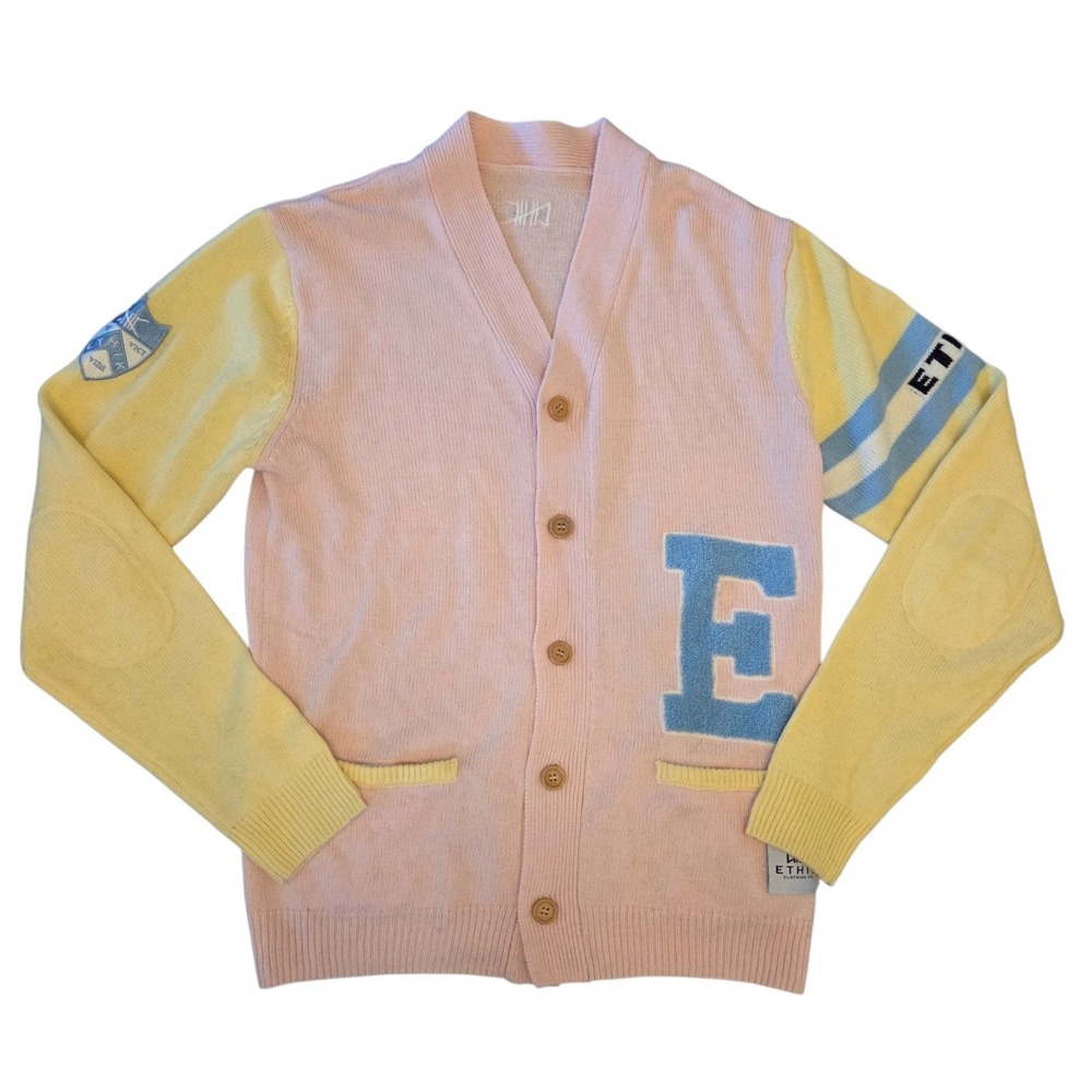 Ethik Clothing Co Mens Varsity Cardigan Sweater Pink Yellow Colorblock Patch L